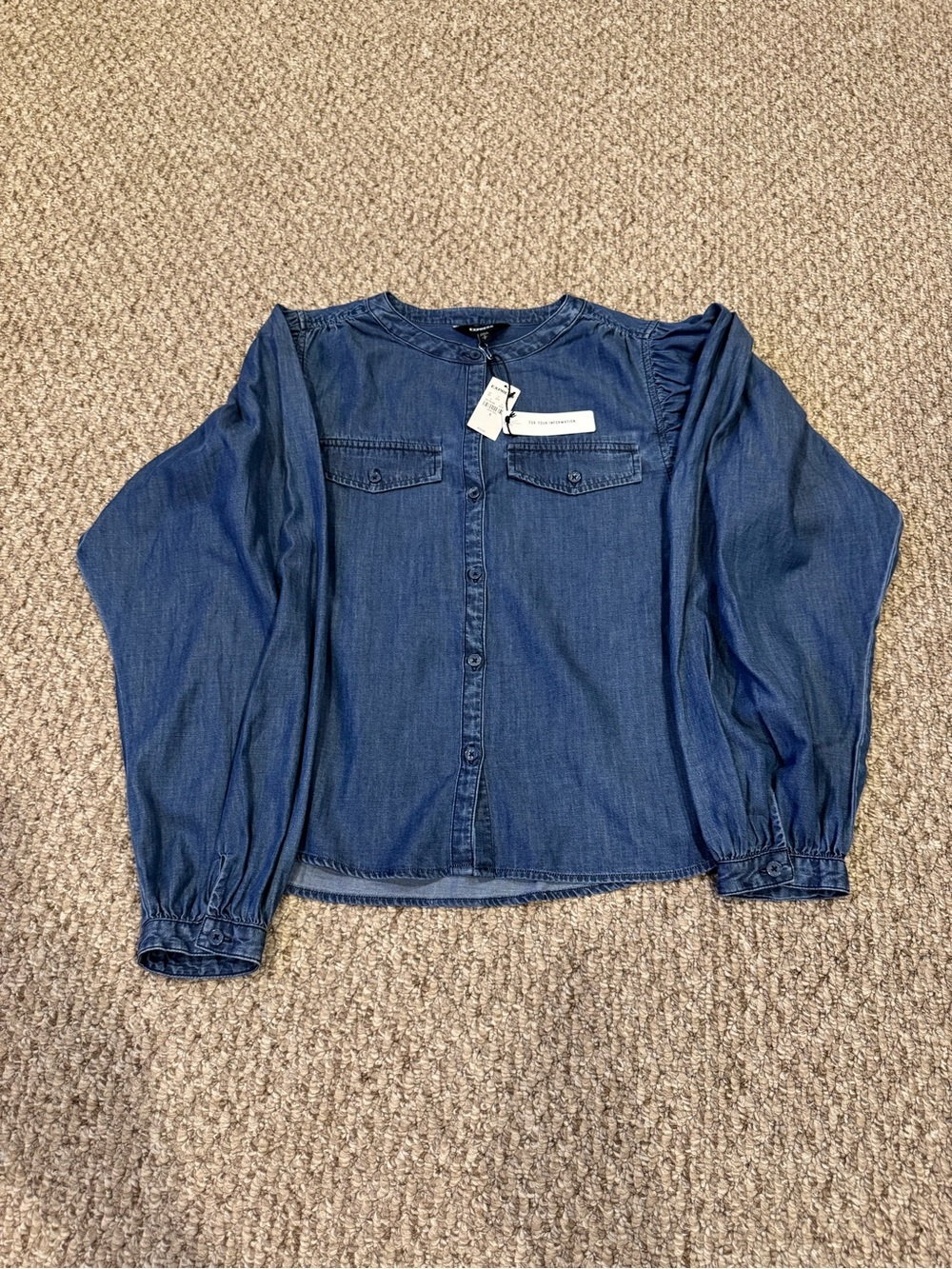 Express Chambray Button-Front Balloon Sleeve Top - Blue NWT